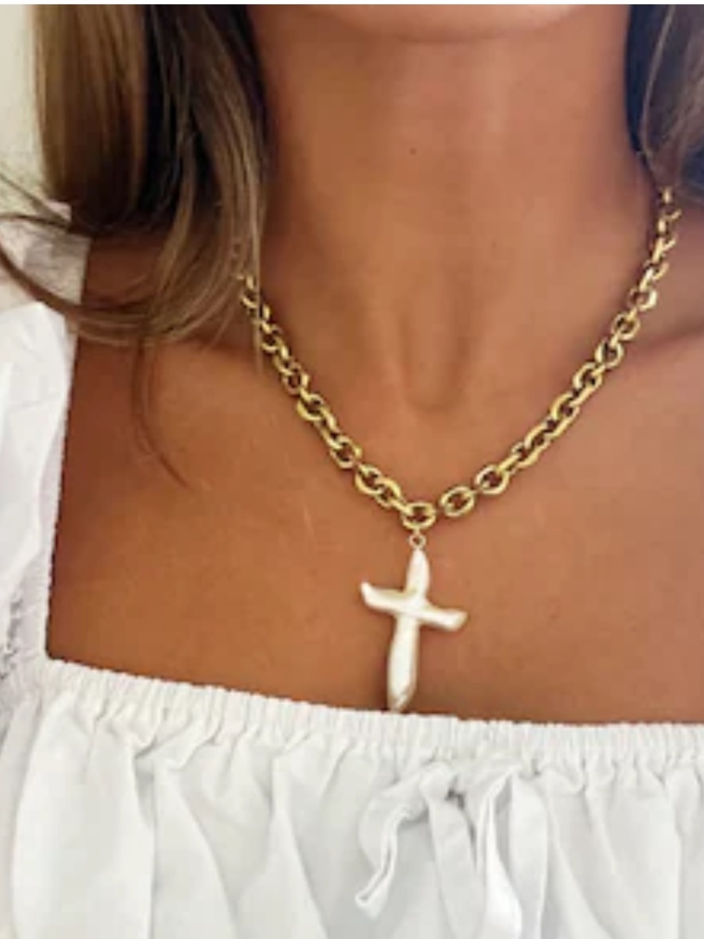 Gold Chain Necklace with White Baroque Pearl Cross Pendant - Picture 5 of 5